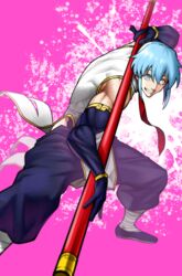  1boy blue_eyes blue_gloves blue_hair blue_pants chinese_clothes elbow_gloves fighting_stance gloves grin highres holding looking_at_viewer male_focus nagashii_kouhei pants pelvic_curtain pink_background shen_(undead_unluck) smile solo undead_unluck 