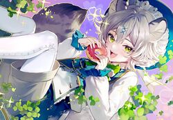  +++ animal_ears cat_ears cat_girl cat_tail chinese_commentary clover doughnut felis_pallas female food green_eyes grey_hair indie_virtual_youtuber leaf looking_at_viewer mesme official_art pale_skin pallas&#039;s_cat plant second-party_source shorts solo tail virtual_youtuber 