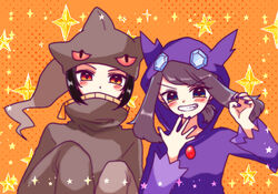  1boy banette banette_(cosplay) black_hair blue_eyes bow brendan_(pokemon) brown_hair commentary_request cosplay covered_mouth female fingernails flat_chest grin hibikileon long_sleeves looking_at_viewer may_(pokemon) medium_hair oerba_yun_fang orange_background pokemon pokemon_adventures polka_dot polka_dot_bow ponytail purple_nails red_eyes sableye sableye_(cosplay) sidelocks sleeves_past_wrists smile star_(symbol) starry_background tied_hair upper_body 