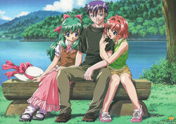  1boy 2girls arm_hug black_shirt blue_eyes bow day green_hair hair_intakes hairbow hand_on_lap hat holding holding_clothes holding_hat kamishiro_maiku knees_together_feet_apart lake long_hair long_skirt miyafuji_miina multiple_girls no_socks non-web_source official_art on_bench onegai_twins onodera_karen open_mouth outdoors pink_skirt purple_hair red_hair rural scan shirt shoes short_hair short_sleeves shorts sitting skirt sleeveless sleeveless_shirt smile sneakers sun_hat t-shirt unworn_hat unworn_headwear 