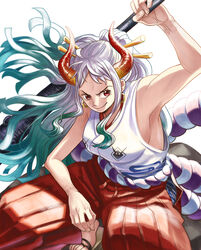  &gt;:) absurdres arm_rest arm_up armpits bare_arms bare_shoulders breasts closed_mouth club_(weapon) curled_horns earrings female fingernails floating_hair geta green_hair grey_hair hair_ornament hair_stick high_ponytail highres holding holding_weapon hoop_earrings horns japanese_clothes jewelry kanabou kimono large_breasts living_(pixiv5031111) long_hair looking_at_viewer multicolored_hair multicolored_horns one_piece oni red_eyes rope shimenawa sideboob sidelocks sleeveless sleeveless_kimono smile solo spiked_club squatting toes two-tone_hair v-shaped_eyebrows very_long_hair weapon yamato_(one_piece) 