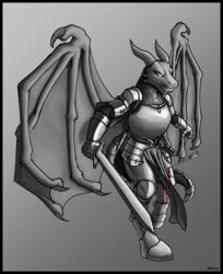  absurd_res angry anthro armor black_border blood bodily_fluids border dragon dragonborn_(dnd) dungeons_and_dragons exposure_variation female full-length_portrait gradient_background hasbro hi_res melee_weapon membrane_(anatomy) membranous_wings monochrome mythological_creature mythological_scalie mythology portrait revertigo scalie signature simple_background solo spread_wings sword tail weapon wings wizards_of_the_coast wounded 