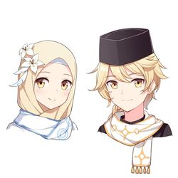  1boy adapted_costume aether_(genshin_impact) blonde_hair blush braid breasts brother_and_sister closed_mouth female flower genshin_impact hair_between_eyes hair_flower hair_ornament hat highres hijab jewelry long_hair looking_at_viewer lumine_(genshin_impact) muslim siblings simple_background smile songkok upper_body white_background yaruwashi yellow_eyes 