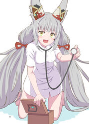  :d alternate_costume animal_ears bare_legs barefoot blush box breasts dress female grey_hair holding kageyasu kneeling long_hair looking_at_viewer low_twintails nia_(blade)_(xenoblade) nia_(xenoblade) nurse short_dress small_breasts smile solo stethoscope twintails very_long_hair xenoblade_chronicles_(series) xenoblade_chronicles_2 yellow_eyes 