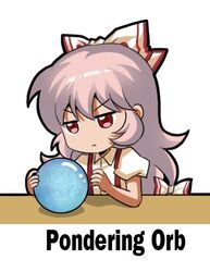  bow closed_mouth english_text female fujiwara_no_mokou hair_between_eyes hairbow jokanhiyou long_hair lowres meme orb palantir pondering_my_orb_(meme) puffy_short_sleeves puffy_sleeves red_eyes shirt short_sleeves simple_background solo suspenders touhou white_background white_bow white_hair white_shirt 