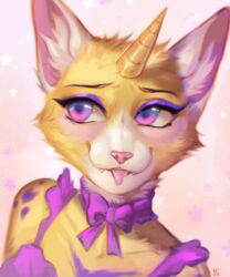  2023 digital_media_(artwork) domestic_cat eyebrows eyelashes felicia_cat felid feline felis fur hi_res horn hybrid mammal pink_nose purple_eyes solo tagme yellow_body yellow_fur 