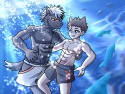  4:3 anthro athletic athletic_anthro athletic_male bandaid_protagonist_(tas) canid canine canis clothing diving domestic_dog dragokaizer666 duo eye_contact hi_res human lifewonders looking_at_another male male/male mammal protagonist_(tas) romantic romantic_couple sea swimming_trunks swimwear tadatomo_(tas) tokyo_afterschool_summoners underwater water 