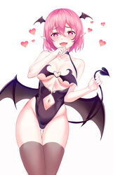  :d absurdres bare_arms bare_shoulders black_leotard breasts brown_thighhighs clothing_cutout commentary cowboy_shot demon_girl demon_tail demon_wings fangs female groin head_wings heart heart-shaped_pupils highleg highleg_leotard highres holding_own_tail large_breasts leotard looking_at_viewer lucid_(maplestory) maplestory muyang naughty_face navel navel_cutout open_mouth pink_eyes pink_hair pointy_ears revealing_clothes short_hair sidelocks simple_background smile solo standing symbol-only_commentary symbol-shaped_pupils tail thigh_gap thighhighs thighs white_background wings 