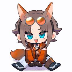  1boy :d animal_ear_fluff animal_ears between_legs black_footwear black_gloves blue_eyes boots brown_hair chibi collared_shirt commentary_request dress_shirt eyewear_on_head fangs fox_boy fox_ears fox_tail full_body gloves grey-framed_eyewear grey_background hand_between_legs highres kemonomimi_mode kiduta_cielo long_sleeves looking_at_viewer male_focus mysta_rias mysta_rias_(1st_costume) nijisanji nijisanji_en orange-tinted_eyewear orange_shirt pants parted_bangs round_eyewear shirt sitting smile solo tail tinted_eyewear twitter_username v-shaped_eyebrows virtual_youtuber white_pants 