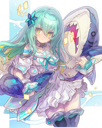  :t bare_shoulders black_thighhighs blonde_hair blue_ribbon blush closed_mouth collarbone commentary_request commission dress female green_hair hair_between_eyes hair_ornament haku_(sabosoda) highres holding holding_stuffed_toy hugging_object looking_at_viewer multicolored_hair neck_ribbon pout ribbon sailor_collar sailor_dress skeb_commission solo stuffed_animal stuffed_shark stuffed_toy thighhighs two-tone_hair vrchat white_dress white_sailor_collar wrist_cuffs yellow_eyes 