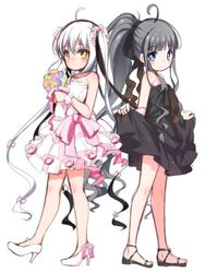  2girls ahoge alternate_costume bare_arms bare_shoulders black_bow black_dress black_footwear black_hair blue_eyes blunt_bangs blush bouquet bow closed_mouth commentary_request dress full_body gokotai_yoshimitsu grey_hair hairbow high_heels high_ponytail holding holding_bouquet long_hair looking_at_viewer looking_to_the_side multicolored_hair multiple_girls namazuo_toushirou_(tenka_hyakken) pink_ribbon ponytail ribbon sandals scrunchie shouji_ayumu sidelocks simple_background skirt_hold sleeveless sleeveless_dress smile standing tenka_hyakken two-tone_hair very_long_hair wedding_dress white_background white_dress white_hair yellow_eyes 