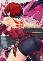  armor artist_name ass belt cete_(controllingtime) collar commentary_request deviljho_(armor) dragon female highres knife mask monster_hunter:_world monster_hunter_(character) monster_hunter_(series) red_hair savage_deviljho scales solo studded_belt studded_collar tight_clothes weapon 