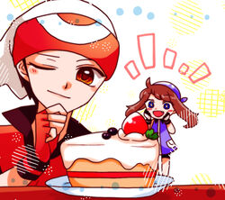  1boy :d bandana black_hair blue_bandana blue_eyes blush brendan_(pokemon) brown_eyes brown_hair cake commentary_request female food fruit gloves hat hibikileon long_hair may_(pokemon) mini_person minigirl oerba_yun_fang open_mouth plate pokemon pokemon_adventures smile strawberry white_background white_headwear 