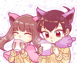  1boy ^_^ animal_ears black_hair blush brendan_(pokemon) brown_eyes brown_hair cat_ears closed_eyes commentary_request cosplay cup delcatty delcatty_(cosplay) drinking female hibikileon holding holding_cup long_sleeves looking_at_viewer may_(pokemon) mug pokemon pokemon_adventures pokemon_ears scar skitty skitty_(cosplay) star_(symbol) starry_background steam sweater upper_body white_background 