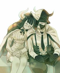  1boy bare_legs belt brother_and_sister cape closed_eyes collared_cape collared_shirt corset covered_mouth facing_viewer female fur-trimmed_cape fur_trim gloves hand_rest hat head_on_another&#039;s_shoulder high-waist_skirt high_collar horns horns_through_headwear living_(pixiv5031111) long_hair long_sleeves mask mouth_mask multicolored_hair necktie one_piece own_hands_together page_one_(one_piece) pants shirt siblings side-by-side sitting skirt sleeping streaked_hair suspenders sweater two-tone_hair ulti_(one_piece) wing_collar 