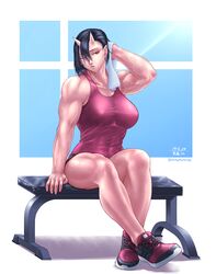  abs bench black_hair breasts commentary_request earrings elf-san_wa_yaserarenai. female highres horns jewelry large_breasts looking_to_the_side muscular muscular_female oga_(elf-san_wa_yaserarenai.) one_eye_closed open_mouth pointy_ears red_eyes shoes shorts skin-covered_horns solo sweat taikyokuturugi tank_top towel veins 