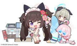  3girls ahoge animal_ears bikini blue_archive blush bracelet chibi dog_ears flower grey_hair hair_bobbles hair_flower hair_ornament halo holding hoshino_(blue_archive) hoshino_(swimsuit)_(blue_archive) jacket jewelry kanzashi long_hair looking_at_viewer maid_headdress multiple_girls nemoga official_alternate_costume official_art one_eye_closed open_mouth pink_bikini purple_eyes shizuko_(blue_archive) shizuko_(swimsuit)_(blue_archive) simple_background standing sunglasses surfboard swimsuit teeth twintails umika_(blue_archive) upper_teeth_only very_long_hair white_background 