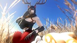  3d_(artwork) absurd_res anthro big_breasts breasts deer digital_media_(artwork) duo facesitting female female/female field grass hi_res holly_zanzibar horn icarus_berrys_(ludexus) light ludexus mammal plant sitting_on_another source_filmmaker_(artwork) sun sunlight warfare_holly warfare_machine 