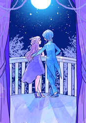  1boy alternate_color balcony blue_coat blue_footwear blue_hair blue_pants coat coattails commentary_request couple curtains dress eye_contact female from_behind full_body full_moon hibikileon high_heels long_hair looking_at_another moon night night_sky pants pokemon pokemon_adventures purple_dress purple_footwear purple_hair shadow shoes sky standing star_(sky) starry_sky straight wallace_(pokemon) winona_(pokemon) 