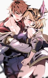  1boy absurdres aki663 arms_around_waist bandage_on_face bandages black_shirt blonde_hair blush brown_eyes brown_hair djeeta_(granblue_fantasy) female gran_(granblue_fantasy) granblue_fantasy hair_between_eyes headband highres jacket one_eye_closed open_mouth shirt short_hair shorts smile sweat tank_top white_background 