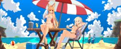  2girls aduare animal_ear_fluff animal_ears arm_up armpits ball barefoot beach beachball bikini black_bikini blonde_hair blue_sky breasts cleavage cloud cloudy_sky colored_eyelashes commission crossed_ankles day dungeon_and_fighter ellin_meiji fox_ears front-tie_bikini_top front-tie_top highres horizon large_breasts long_hair medium_breasts multiple_girls navel original outdoors pixel_art ponytail red_eyes second-party_source side-tie_bikini_bottom sidelocks sitting sky string_bikini surfboard swimsuit thigh_strap underboob very_long_hair white_bikini white_hair 