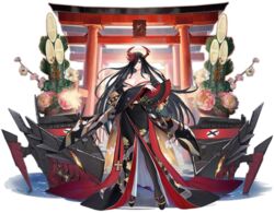  azur_lane black_footwear black_hair black_kimono black_pantyhose breast_hold breasts cleavage closed_eyes collarbone crossed_arms enka_(bcat) feather_trim female floating_hair flower folding_fan friedrich_der_grosse_(azur_lane) friedrich_der_grosse_(dark_raiments_of_gagaku)_(azur_lane) full_body geta grin hair_flower hair_ornament hair_over_one_eye hand_fan highres horn_ornament horns japanese_clothes kadomatsu kimono large_breasts long_hair long_sleeves looking_at_viewer multiple_torii new_year off_shoulder official_alternate_costume official_art pantyhose peony_(flower) pink_flower platform_footwear red_flower rigging ripples smile spider_lily standing straight_hair torii transparent_background water white_flower wide_sleeves yellow_eyes 