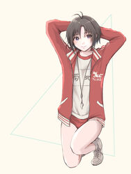  abstract_background antenna_hair arms_behind_head black_hair buruma female gym_shirt gym_uniform idolmaster idolmaster_(classic) iso_(nh15mint) jacket kikuchi_makoto name_tag open_clothes open_jacket purple_eyes red_buruma red_jacket shirt shoes short_hair shorts sneakers solo track_jacket whistle whistle_around_neck 