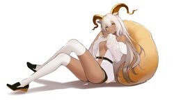  absurdres animal_ears arknights bean_bag_chair beeswax_(arknights) beeswax_(weisser_sand)_(arknights) belt black_footwear black_shorts breasts cleavage closed_mouth crossed_bangs crossed_legs dark-skinned_female dark_skin expressionless fei_(songyijie) female full_body goat_ears goat_horns hair_between_eyes highres horns jacket long_hair long_sleeves looking_at_viewer medium_breasts off_shoulder official_alternate_costume open_clothes open_jacket own_hands_clasped own_hands_together shoes short_shorts shorts simple_background sitting solo thighhighs thighs white_background white_hair white_jacket white_thighhighs yellow_eyes 