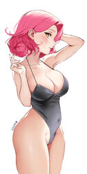  artist_name bare_shoulders black_leotard blush breasts cleavage collarbone commentary covered_navel curly_hair eden_(shiroki_yuutsu) english_commentary female highres large_breasts leotard lips looking_at_viewer original parted_lips pink_hair short_hair simple_background solo thighs vanilla_(eden_(shiroki_yuutsu)) white_background yellow_eyes 