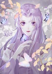  artist_request branch bug butterfly dress female grey_background hair_ornament hairpin hand_up highres leaf long_sleeves looking_at_viewer portrait purple_dress purple_eyes purple_nails qinshi_mingyue second-party_source smile solo sparkle upper_body zi_nu_(qinshi_mingyue) 