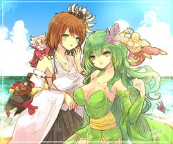  4boys blue_eyes breasts cid_pollendina cleavage cloud dragon final_fantasy final_fantasy_iv final_fantasy_x green_eyes heterochromia jewelry kimahri_ronso long_hair looking_at_viewer medium_hair multiple_boys multiple_girls open_mouth peso_kongari rydia_(ff4) smile tellah yang_fang_leiden yuna_(ff10) 