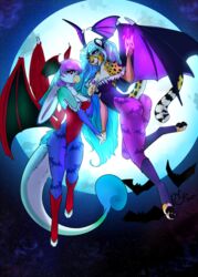  anthro avian bird capcom cheetah clothing darkstalkers demon felid feline female gryphon hi_res leotard lilith_aensland lovebird mammal mihari morrigan_aensland mythological_avian mythological_creature mythology parrot rika_(artist) sonny_(rika) tail true_parrot wings 