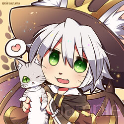  1boy :3 animal animal_ear_fluff bangs brown_cape brown_headwear cape cat_boy commentary_request commission demon_wings eyebrows_visible_through_hair feline green_eyes grey_cat heart holding holding_animal holding_cat looking_at_viewer lowres male_focus oerba_yun_fang open_mouth purple_wings ragnarok_online shiraazuma short_hair skeb_commission solo spoken_heart summoner_(ragnarok_online) upper_body whiskers white_hair wings 