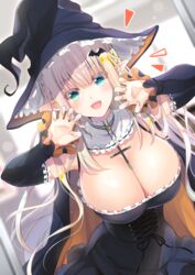  bat_hair_ornament black_dress blue_eyes blush breasts claw_pose cleavage commentary_request cross detached_sleeves dress elf female frills hair_ornament halloween halloween_costume hands_up hat highres large_breasts long_hair looking_at_viewer open_mouth original pointy_ears smile solo suzui_narumi upper_body witch_hat 