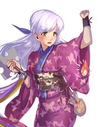  absurdres animal_print bird blush butterfly_print female fire_emblem fire_emblem:_radiant_dawn fire_emblem_heroes hair_ribbon half_updo highres japanese_clothes kimono long_hair looking_at_animal micaiah_(fire_emblem) micaiah_(hoshidan_summer)_(fire_emblem) misokatsuhaumai obi official_alternate_costume ribbon sash simple_background solo sweatdrop white_background wide_sleeves yellow_eyes yukata yune_(fire_emblem) 