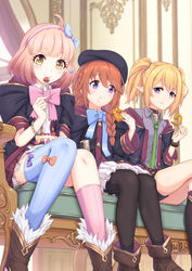  3girls :t ahoge asymmetrical_legwear beret black_choker black_coat black_headwear black_legwear blonde_hair blue_bow blue_thighhighs blunt_bangs book boots bow bow_hairband bracelet braid brown_footwear brown_hair cake chieru_(princess_connect!) chloe_(princess_connect!) choker closed_mouth coat collared_shirt commentary_request couch eating elf food food_on_face fork frilled_skirt frills fruit green_necktie hair_ornament hairband hat headband highres holding holding_food hood hood_down hooded_coat indoors jewelry long_hair long_sleeves looking_at_viewer looking_down midorinocha mismatched_legwear multiple_girls necktie on_couch pantyhose pink_bow pink_hair pink_legwear plaid pleated_skirt pointy_ears princess_connect! purple_eyes school_uniform shirt short_hair short_sleeves single_thighhigh sitting skirt smile split_mouth st._theresa&#039;s_girls_academy_school_uniform star_(symbol) star_hair_ornament star_in_eye strawberry symbol_in_eye thighhighs twin_braids twintails unbuttoned wide_sleeves yellow_eyes yuni_(princess_connect!) 