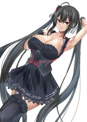  absurdres ahoge arm_up armpits azur_lane bare_shoulders black_dress black_hair black_thighhighs breasts cleavage crossed_bangs dress female hair_between_eyes hair_ribbon highres idol large_breasts long_hair official_alternate_costume red_eyes ribbon smile solo taihou_(azur_lane) taihou_(muse)_(azur_lane) thighhighs twintails uchida_shou very_long_hair wrist_cuffs 