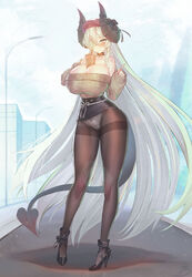  absurdly_long_hair azur_lane bad_id bad_pixiv_id belfast_(azur_lane) belfast_(azur_lane)_(cosplay) belfast_(shopping_with_the_head_maid)_(azur_lane) beret black_pantyhose blonde_hair blush bow breasts bubble_tea bubble_tea_challenge choker commentary_request commission cosplay crotch_seam cup demon_girl demon_horns demon_tail disposable_cup drinking_straw female flower flower_over_eye full_body hairbow hat high_heels horns huge_breasts index_finger_raised long_hair looking_at_viewer object_on_breast off-shoulder_sweater off_shoulder original panties panties_under_pantyhose pantyhose skirt solo standing suerte sweater tail thighband_pantyhose underwear very_long_hair yellow_eyes 