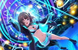  aqua_belt aqua_gloves aqua_jacket arm_up bikini bikini_under_clothes black_footwear black_gloves black_jacket black_pantyhose blue_pantyhose breasts brown_hair choker cleavage dance_on_the_galaxy_(idolmaster) dog_tags dutch_angle female full_body game_cg gloves gradient_legwear hair_ornament idolmaster idolmaster_cinderella_girls idolmaster_cinderella_girls_starlight_stage jacket legs long_sleeves looking_at_viewer medium_breasts medium_hair multicolored_clothes multicolored_jacket navel no_shirt official_art one_eye_closed open_clothes open_jacket open_mouth pantyhose pantyhose_under_shorts short_shorts shorts single_bare_leg single_leg_pantyhose solo stage standing stomach swimsuit takagaki_kaede two-tone_gloves two-tone_jacket unzipped white_shorts 