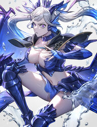  absurdres armor armored_boots armored_skirt bikini_armor black_bulls_(emblem) black_capelet black_clover blue_armor blue_gloves blue_skirt boots breasts capelet choker cleavage cleavage_cutout clothing_cutout collarbone commentary crown dragon_horns dragon_wings female fingerless_gloves fins gloves grey_hair head_fins highres holding holding_polearm holding_weapon horns hydrokinesis lance large_breasts long_hair looking_at_viewer low_twintails midriff navel noelle_silva parted_lips polearm purple_eyes skirt slit_pupils solo thighs tsugutoku twintails valkyrie vambraces water water_drop weapon wings 