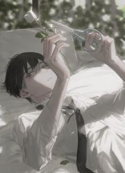  1boy absurdres black_hair cutting flower highres hirota_tsuu male_focus necktie on_bed original parted_lips petals pillow rose scissors solo usuzumi_kei white_flower white_rose 