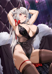  armpits arms_behind_head arms_up azur_lane bare_shoulders black_dress blush breasts brown_thighhighs center_opening cleavage collarbone dress female highres horns huge_breasts long_hair looking_at_viewer naha78 official_alternate_costume plunging_neckline red_eyes sitting solo thighhighs thighs white_hair yorck_(azur_lane) yorck_(breaker_under_the_blood_moon)_(azur_lane) 