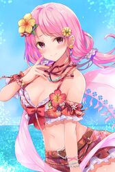  bang_dream! bare_shoulders belt bikini bracelet breasts choker cleavage cowboy_shot detached_sleeves earrings female flower frilled_bikini frills hair_flower hair_ornament hair_scrunchie hibiscus highres jewelry long_hair looking_at_viewer low_twintails maruyama_aya medium_breasts midriff miniskirt navel outdoors pink_eyes pink_hair plaid plaid_bikini red_bikini red_skirt ribbon_choker scrunchie shawl skirt smile solo stomach swimsuit tomura2maru twintails 