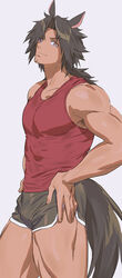  1boy animal_ears bara black_shorts bulge check_copyright clothes_pull copyright_request dark-skinned_male dark_skin dog_boy dog_ears dog_tail dolphin_shorts from_side haiki_(tegusu) highres large_pectorals looking_at_viewer male_focus medium_hair muscular muscular_male original pectorals pulling_own_clothes red_tank_top shorts sidepec smile solo tail tank_top thick_thighs thighs 