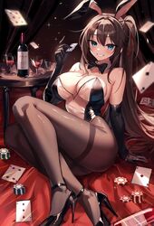  alcohol animal_ears ass black_bow black_bowtie black_bridal_gauntlets blue_eyes blush bottle bow bowtie breasts bridal_gauntlets brown_hair card cleavage commission condom cup detached_collar drinking_glass eyelashes female hair_ribbon hannahkwok4 high_heels high_ponytail highres holding holding_condom indoors legs looking_at_viewer meme_attire original pantyhose playboy_bunny playing_card poker_chip polished_shoes rabbit_ears red_ribbon red_wine ribbon see-through shiny_clothes shiny_footwear shiny_legwear shiny_skin smile solo sparkle strappy_heels termichan_(not-a-bot) thighband_pantyhose thighs translucent_bunnysuit wine wine_bottle wine_glass 