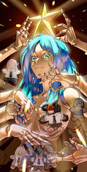  blue_hair breasts chainsaw_man character_request closed_mouth darkness_flesh_(chainsaw_man) denji_(chainsaw_man) doll_joints extra_arms female gingerbread_man green_eyes hayakawa_aki higashiyama_kobeni highres joints kishibe_(chainsaw_man) long_hair looking_at_viewer makima_(chainsaw_man) medium_breasts nose power_(chainsaw_man) saijo-m santa_claus_(chainsaw_man) santa_claus_of_germany_(chainsaw_man) solo tolka_(chainsaw_man) upper_body 