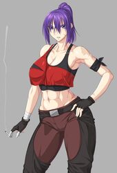  abs blue_eyes breasts cigarette clenched_teeth female fingerless_gloves gloves grey_background highres large_breasts looking_at_viewer muscular muscular_female navel original ozaneko ponytail purple_hair solo teeth zoids 