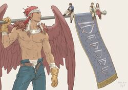  3boys armor belt blue_pants brown_gloves brown_hair canopus_wolph catiua_powell chibi dated denim_powell earrings feather_earrings feathered_wings feathers female flag gloves highres jewelry male_focus multiple_boys navel nipples pants pectorals red_hair simple_background sitting standing tactics_ogre toned toned_male topless_male vice_bozeg white_background windcaller wings 