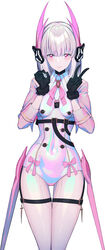  absurdres bodysuit bow double_v female gloves grey_hair guratan hair_ornament headgear headphones highres iridescent liv:_lux_(punishing:_gray_raven) liv_(punishing:_gray_raven) long_sleeves medium_hair pink_bodysuit pink_eyes pink_hair pink_ribbon punishing:_gray_raven ribbon solo thigh_strap v white_background 