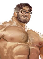  1boy abs bara beard chest_hair chivo_(kalchivo) commentary completely_nude facial_hair glasses hairy highres large_pectorals looking_to_the_side male_focus mature_male muscular muscular_male nipples nude original pectoral_focus pectorals short_hair simple_background smile solo symbol-only_commentary undercut upper_body 